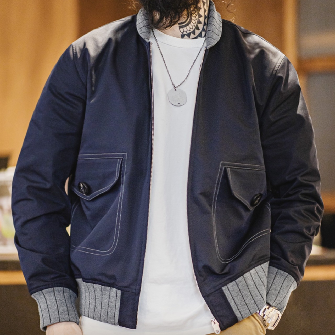 Rib Knit Collar Bomber Jacket ◇H0159