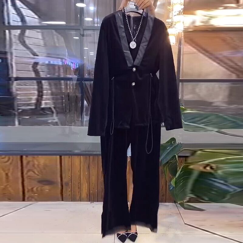 ベルベットスーツレディース2020年秋ニューファットシスタープラスサイズレディースmmファッション気質ワイドレッグパンツスリーピーストレンド ミックスインファッション49201359373