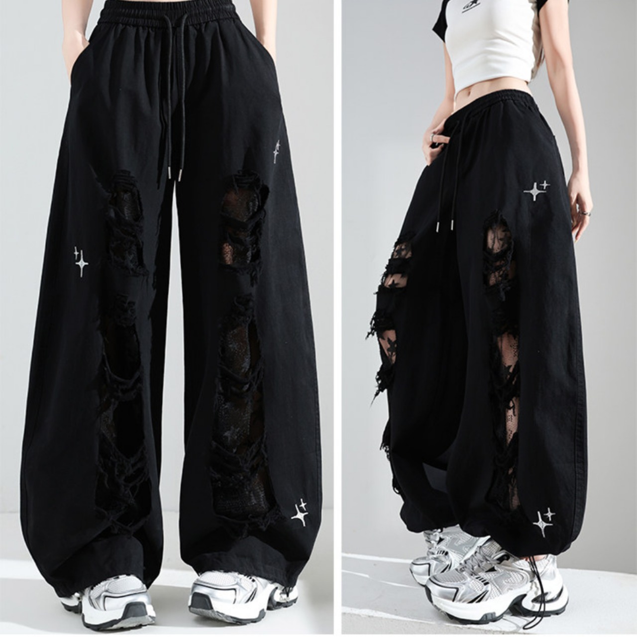 Distressed patchwork lace pants (ME399)