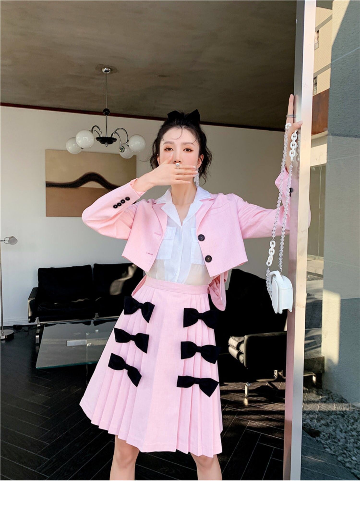 セットアップ】リボン ピンク スカート ブラウス ジャケット ピンク 黒
