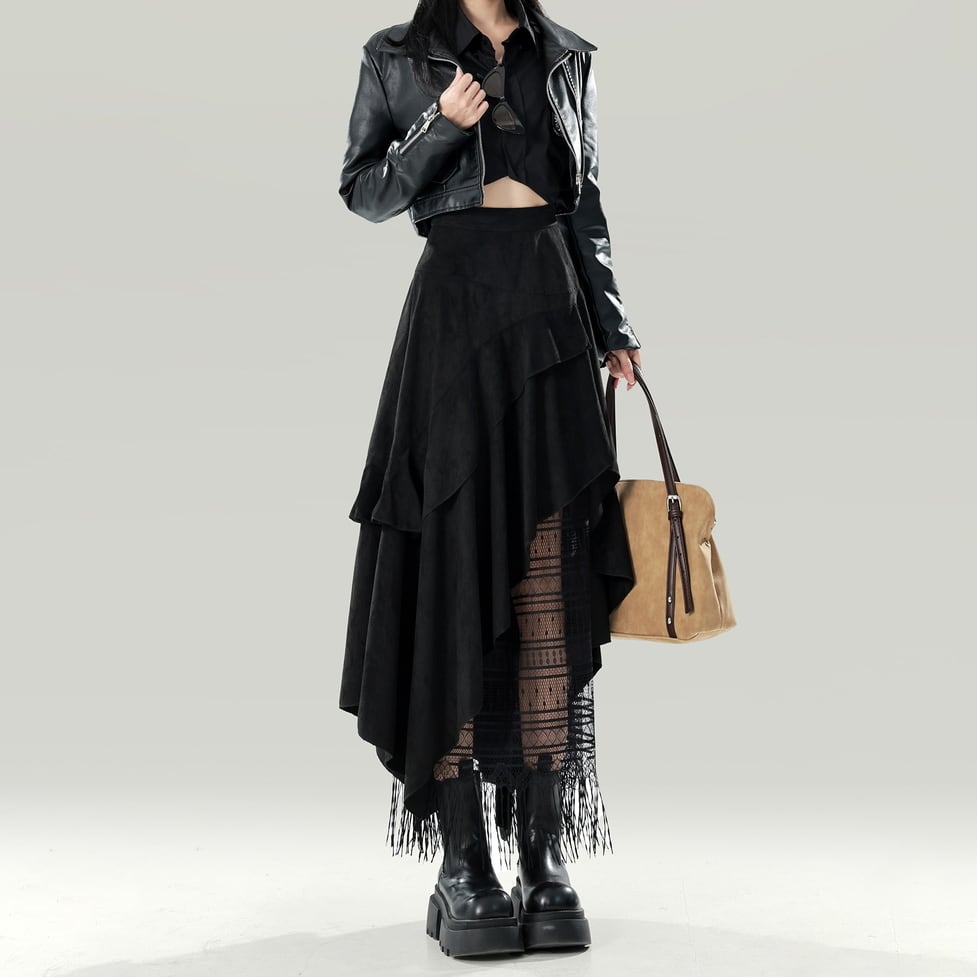 asymmetry sheer tiered skirt / l0552