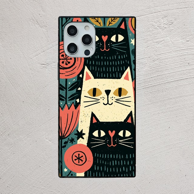 受注生産 iPhoneケース 猫と花の民芸パネル柄｜猫モチーフ FMSY020B