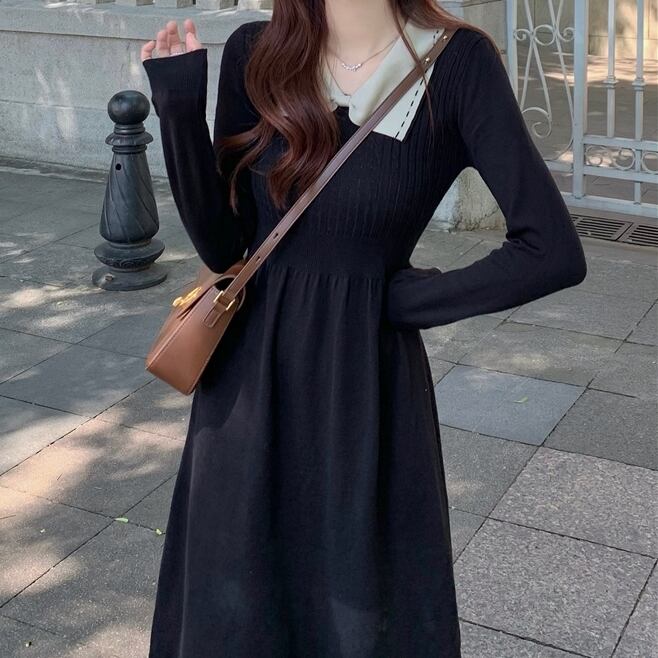 ワンピース レディース ロングワンピース ニット フレアワンピース フレア ポロ リボン型襟 Aラインスカート ミディアム丈 ミドル丈 シングルブレスト 襟付き ハイウエスト長袖 可愛い 大人可愛い 大人女子 おしゃれ レトロ ラブリー キュート ガーリー シンプル ラフ フェミニン ナチュラル 送料無料 大人 フリーサイズ ブラック 無地 秋 冬 10代 20代 30代 40代 ママ 通勤 通学 学生 デート お出かけ 女子会 ランチ 休日 着回し 普段使い 韓国 コーデ 楽ちん