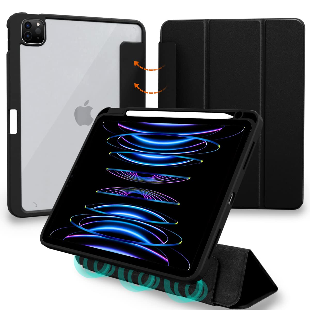 MS factory iPad Pro 11インチ 第4/3/2世代 用 ケース 2022 2021 2020 液晶カバー 取り外し可能 背面透明 ペンシル収納 カバー Pro 11 第4世代 第3世代 第2世代 耐衝撃 スタンド オートスリープ Apple Pencil 充電対応 ブラック 黒 IPDP11/4-S-DET-BK