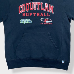 【Russell】Coquitlam Softball ソフトボール アーチロゴ 袖プリント パーカー フーディー プルオーバー M 黒 裏起毛 ラッセル US古着