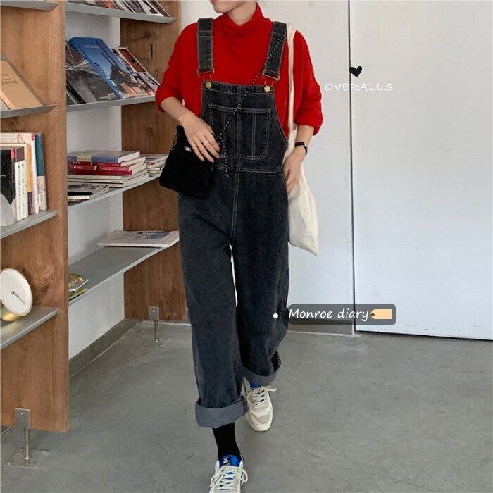 スタンダードブラックジーンズ スプリングオーバーオール 薄手ルーズパンツ レトロ 春物 モンロー50918527435