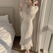 ワンピース 膝下 袖あり 長袖 Vネック 襟なし 細身 マーメイド レース フリル 薄手 かわいい 大人可愛い きれいめ シンプル 上品 おしゃれ 大人可愛い 大人女子 春 夏 誕生日 結婚式 二次会 10代 20代 30代 レディース ママ OL 通勤 デート お出かけ 女子会 パーティー イベント 韓国系 モテ S M L 色展開 黒 オフホワイト