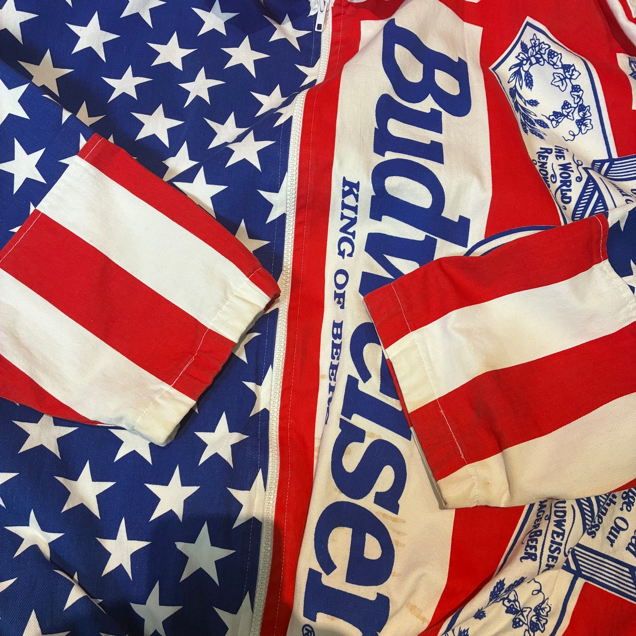 90s USA製 Budweiser 総柄ジャケット バドワイザー ビール アメカジ コットンジャケット