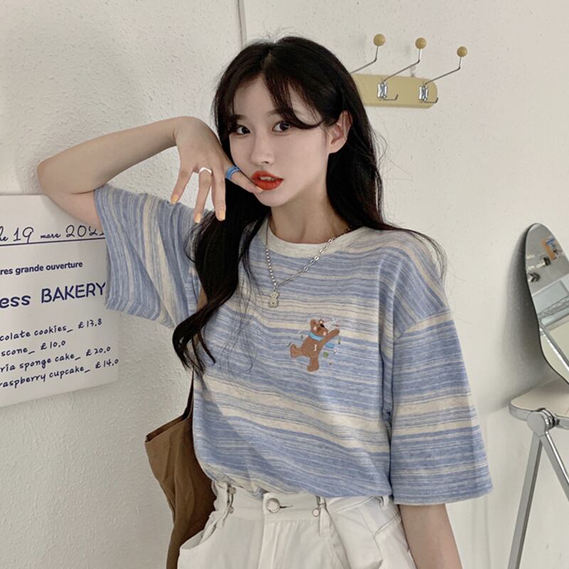 Tシャツ 刺繍ストライプサマールーズトップス レディース 夏物 YY-ファッション23709406824