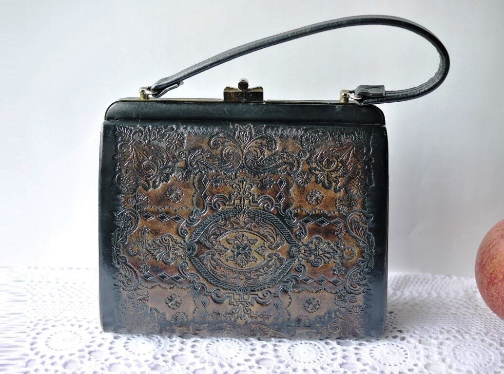 レトロ ボタニカル 型押しレザー ハンドバッグ