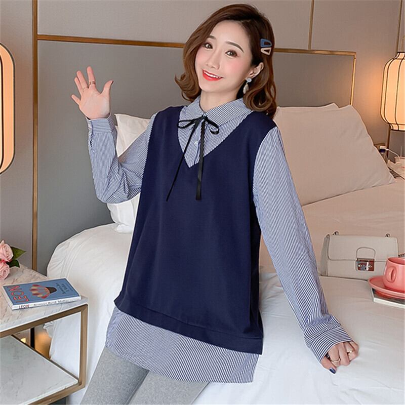 【新作】【送料無料】 マタニティ服スタイリッシュなスウィーティーストライプトップスマタニティ2個セット服プレグナント春秋女性パンツスーツ 大人ガーリー スウィート キュート カジュアル スプリング 春物 オータム 秋物 AL expec381670507363