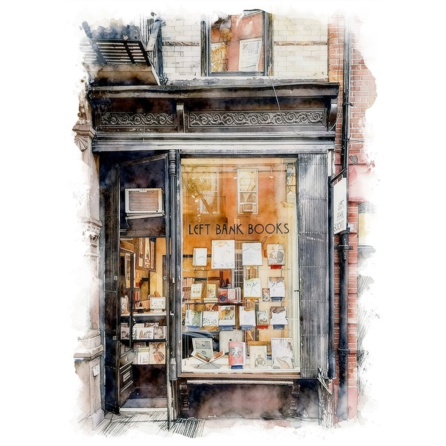 絵画 アメリカ 風景画(街並み)  ニューヨークの書店 インテリアアート額付き 水彩画・油絵調 WAT0425