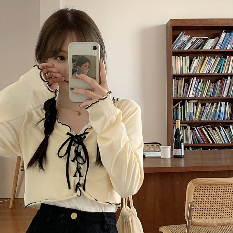 スプリングスタイルショートTシャツ トップス ロング レース 春物 レースアップ 試着室55468673314