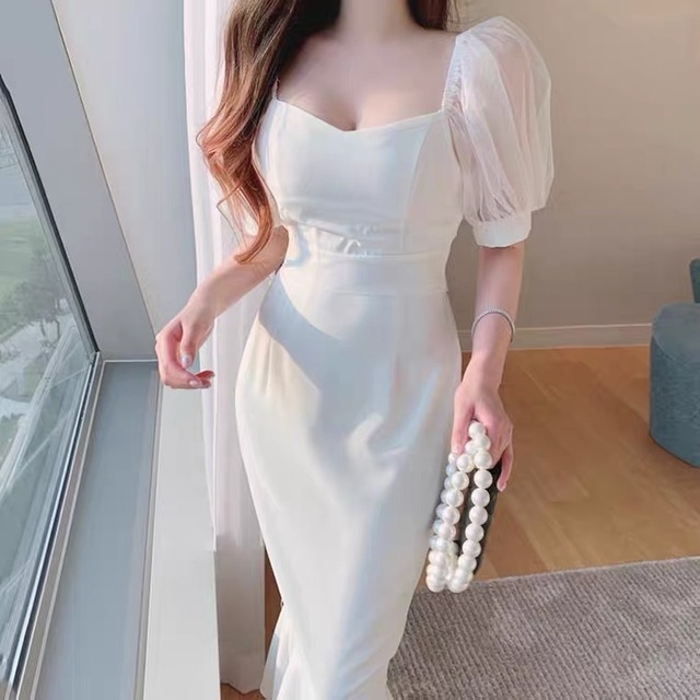 《ﾎﾜｲﾄ即納》パフスリーブチュール半袖マーメイドワンピース2色