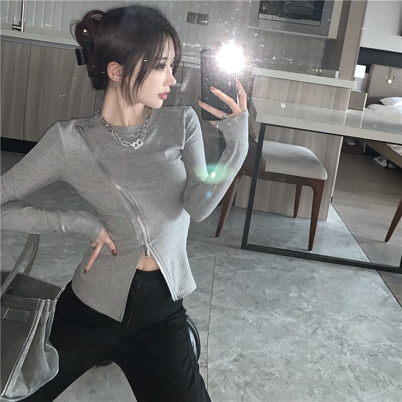 Tシャツ シャツ レディーススリムジッパースプリンググレートップス ロング 春物 ブラックストロベリース74430238365