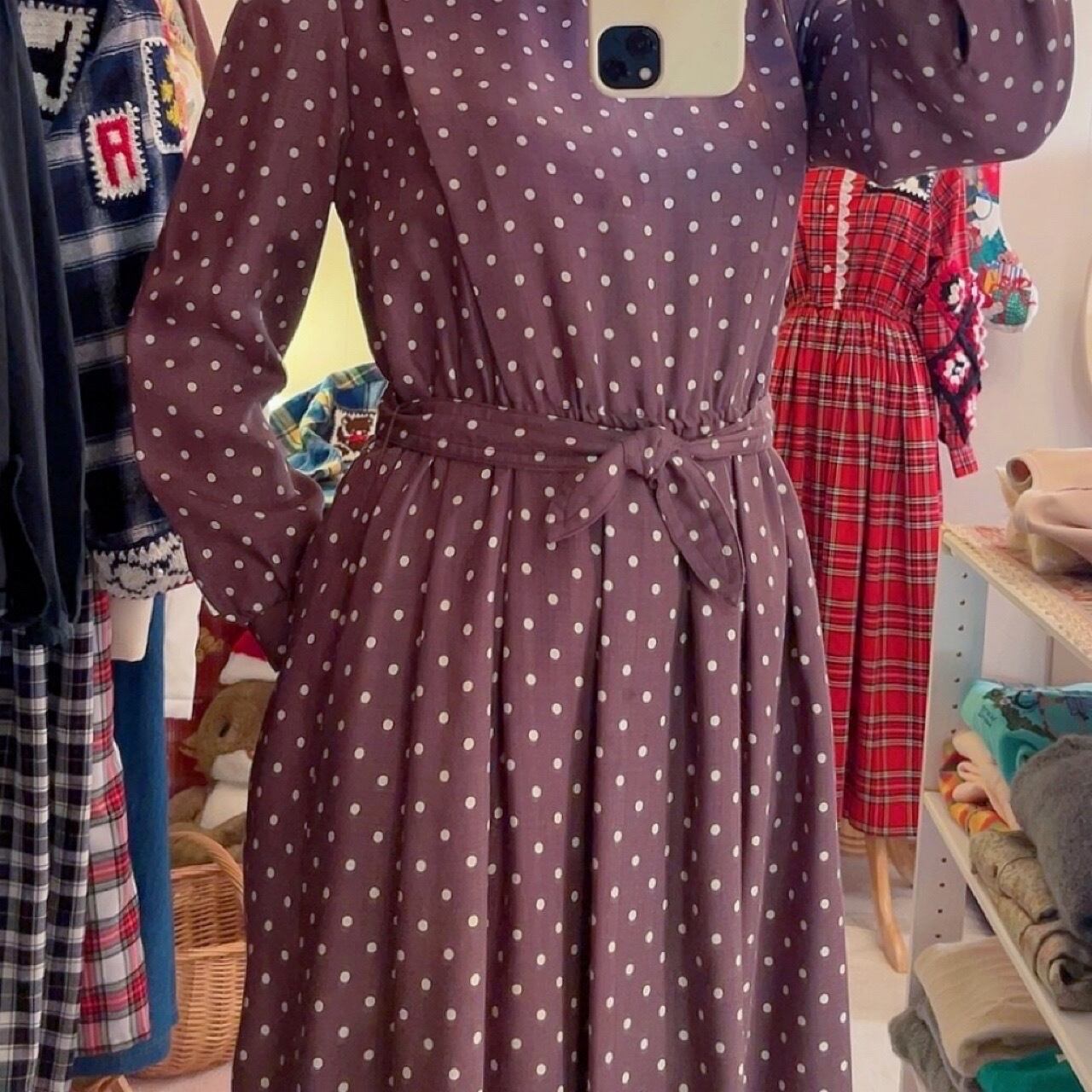 brown dot waist ribbon one-piece