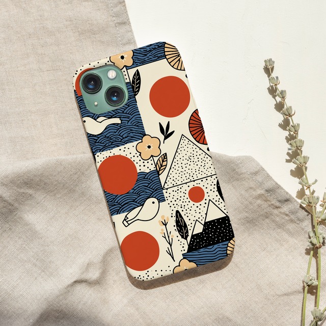 受注生産 iPhoneケース 赤丸と花の民芸コラージュ柄｜花モチーフ FMSY069B