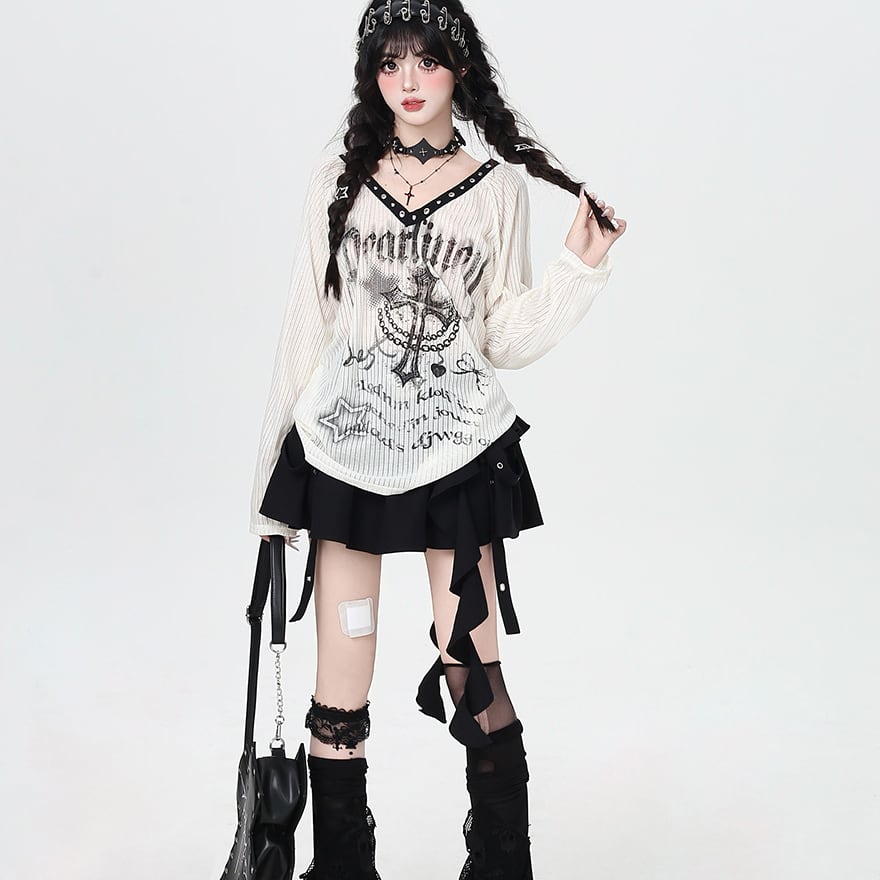 Tシャツ Vネック 長袖 CRAZYGIRL ダークファッション 闇かわいい Y2K