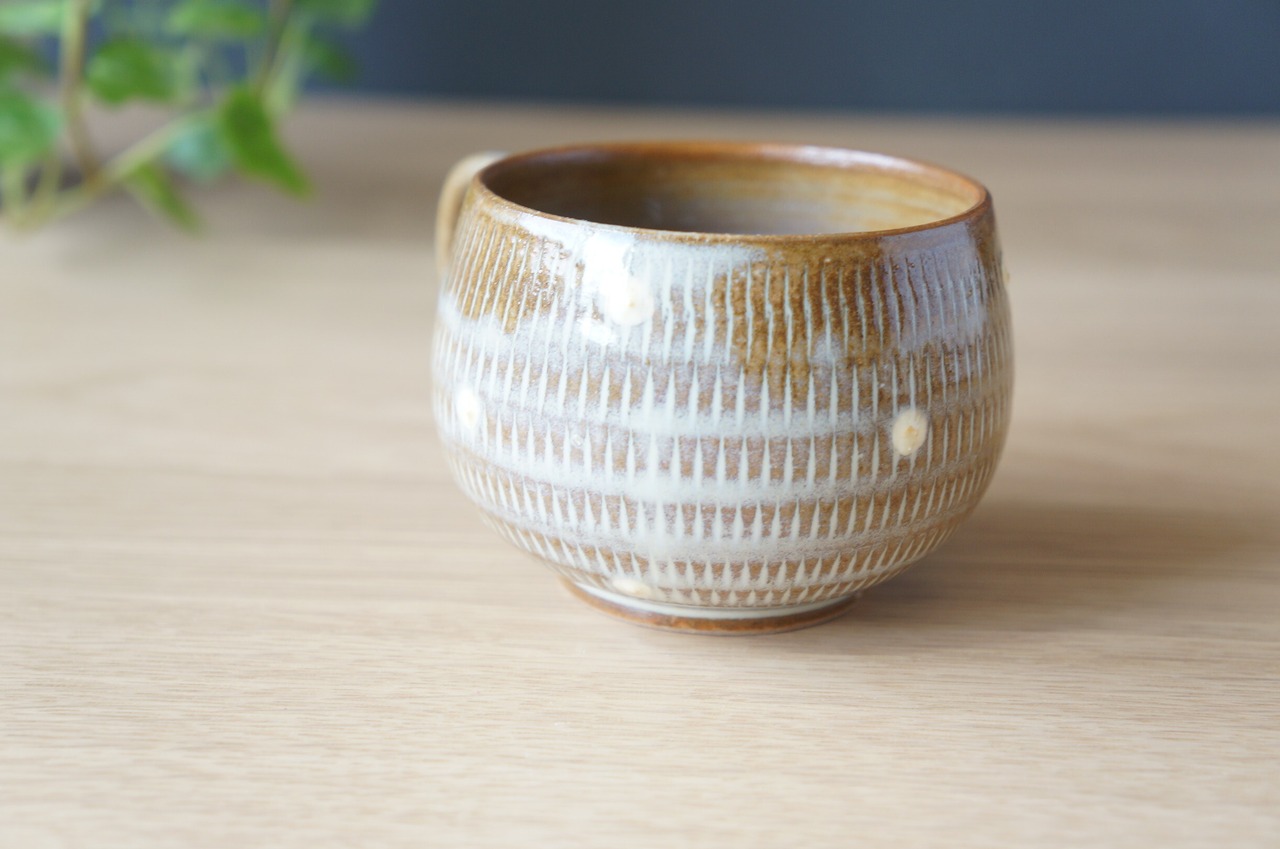 小石原焼 翁明窯元 丸マグカップ ドット・マット【37-471】