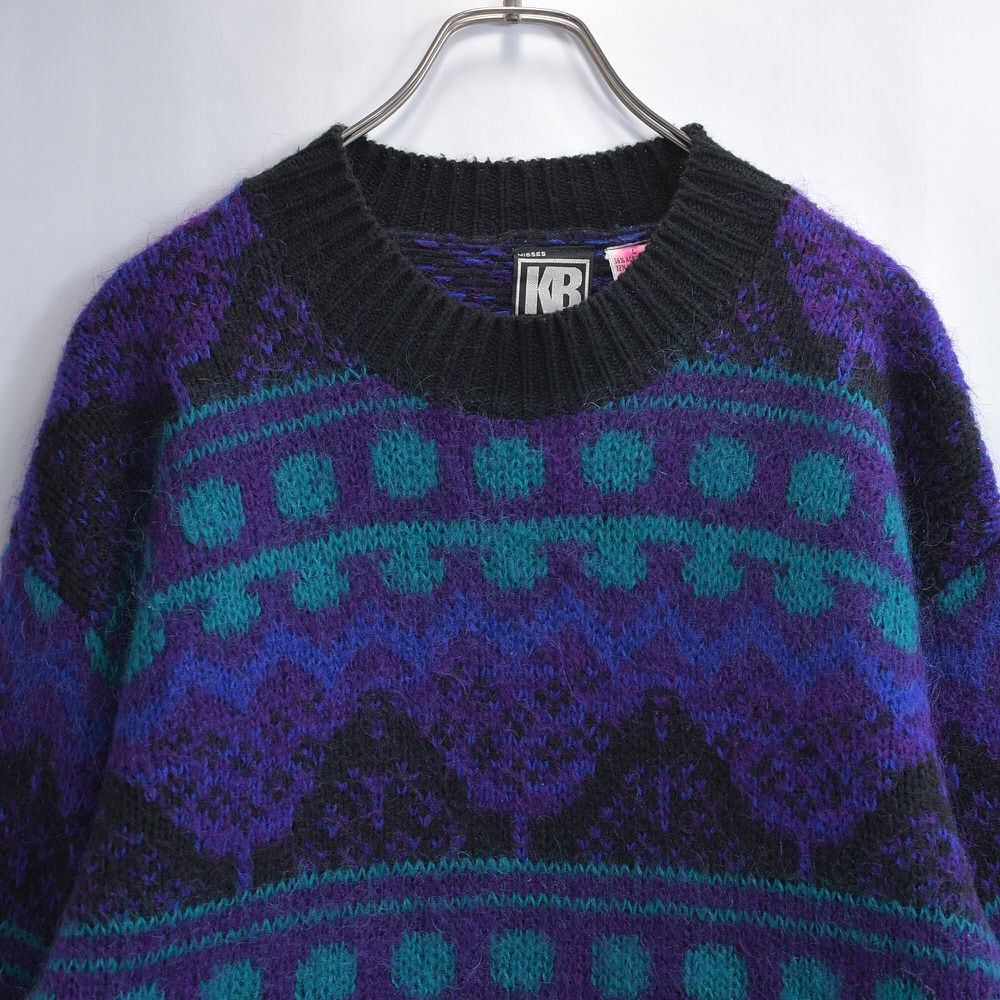 90s~ KB COLLECTIONS 幾何柄 モヘアニット プルオーバー パープル ヴィンテージ ビンテージ 古着 メンズLサイズ