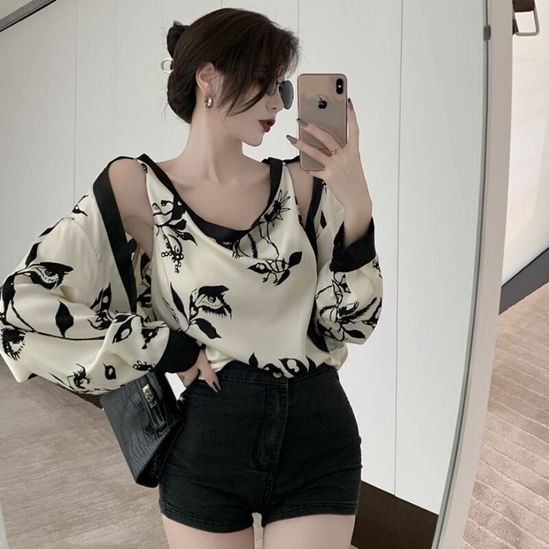 薄手ツーピースシャツ トップス ロング ストリート オフショルダー ハンチェンe6028949953