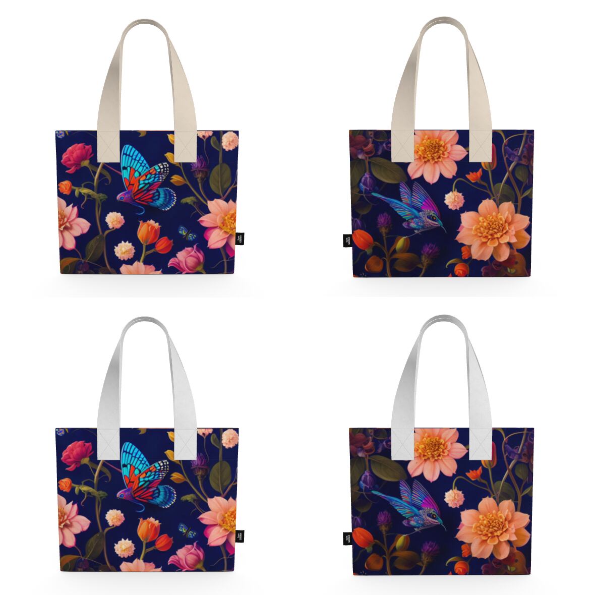 北欧のカラフルで色鮮やかな花柄に飛び交う神秘的な蝶のような鳥