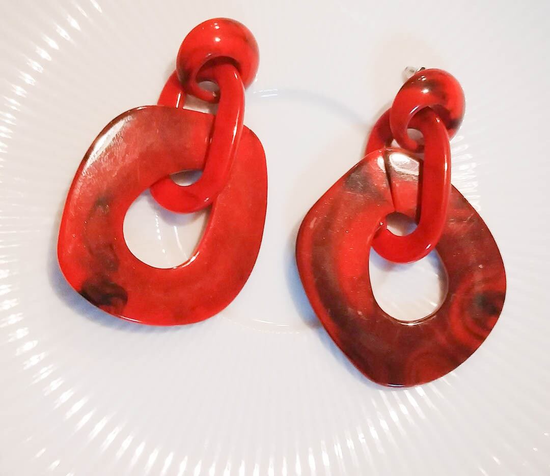 幾何学模様 レッド ドロップピアス イヤリング 深紅 クリスマス 大理石 ゴージャス