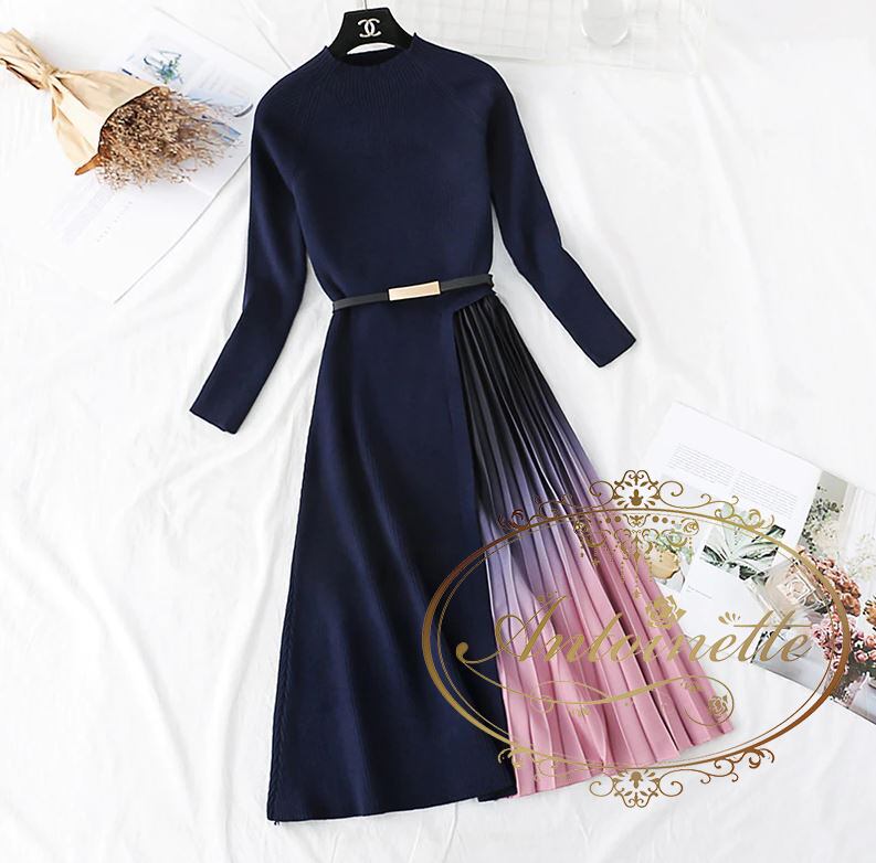 二色展開 ネイビー ブラック スカート 大人 上品 観劇コーデ レディース プリーツ 長袖 ニット 可愛い 切り替え ワンピース ワンピ 秋 冬 Antoinette