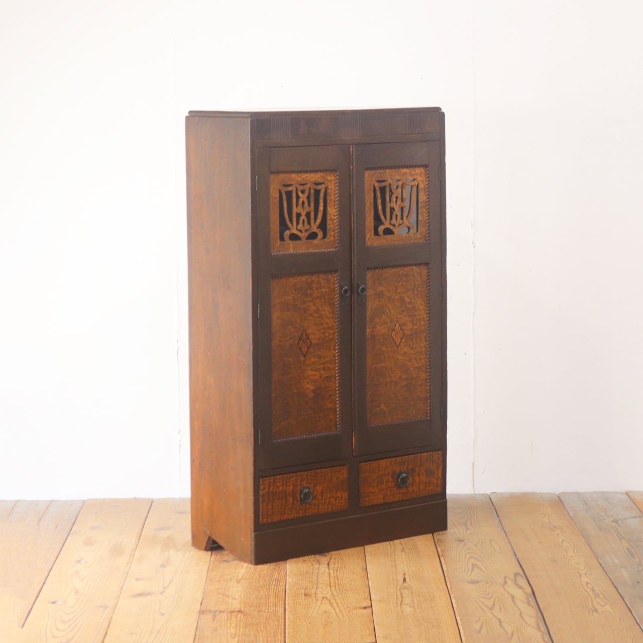 レトロ 小振り ガラスキャビネット 本箱 収納 ラック 引き出し 抽斗 2杯 木製 ヴィンテージ/RBT17175