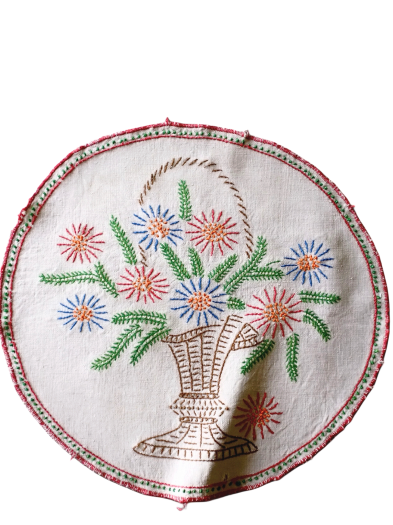 フランス 44c とろりとしたリネンと大きな花籠と刺繍クロス テーブルセンター アンティーク