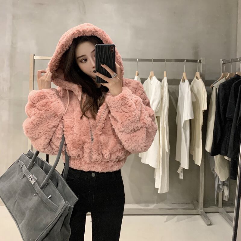 ファーコート ショートスタイルフードトップス オータムウィンター ピンク ストリート 秋物 冬物 ブラックストロベリース84976567357