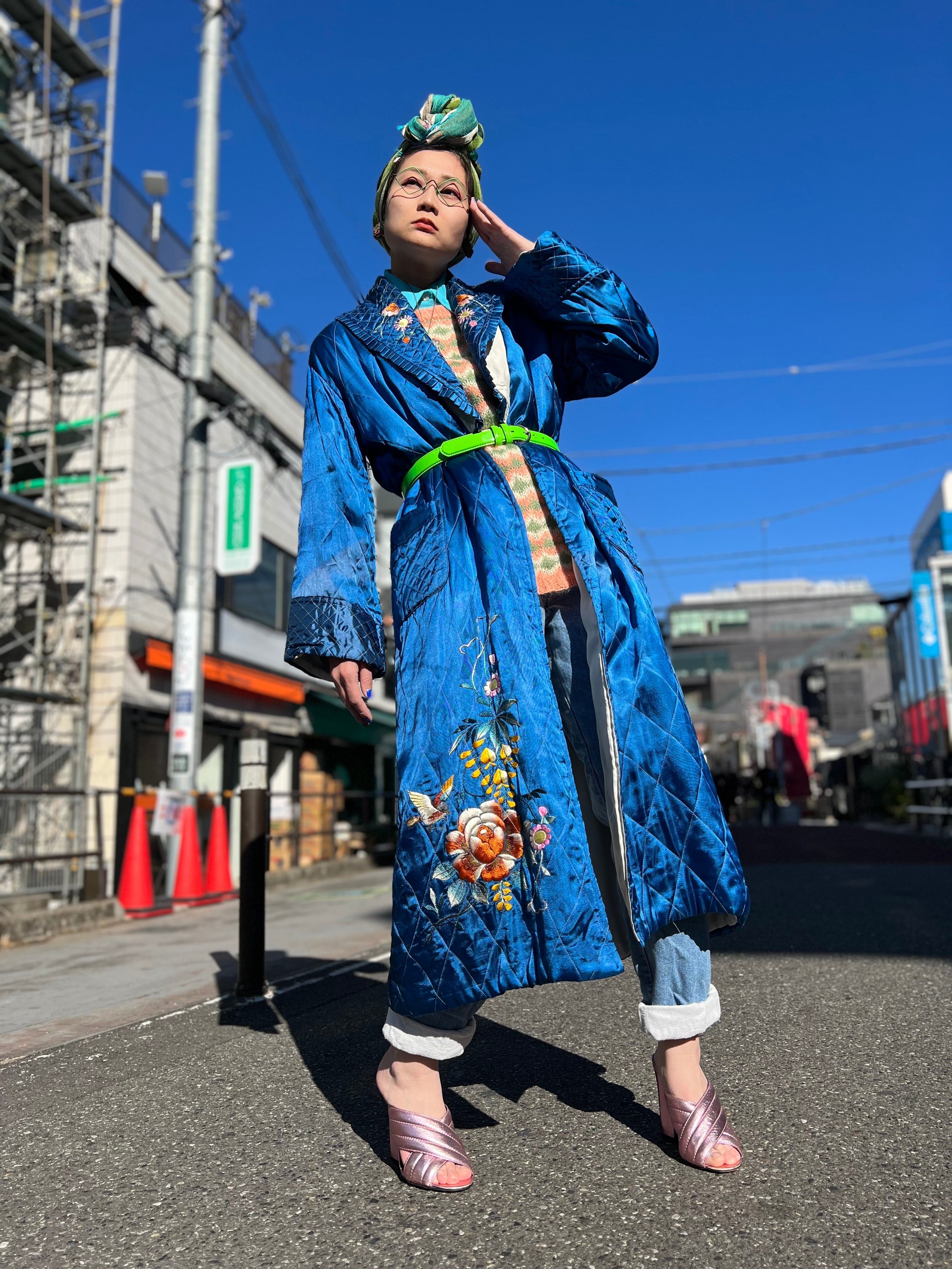 Vintage Chinese metalic blue quilting gown ( ヴィンテージ チャイナ メタリック ブルー 刺繍 キルティング ガウン