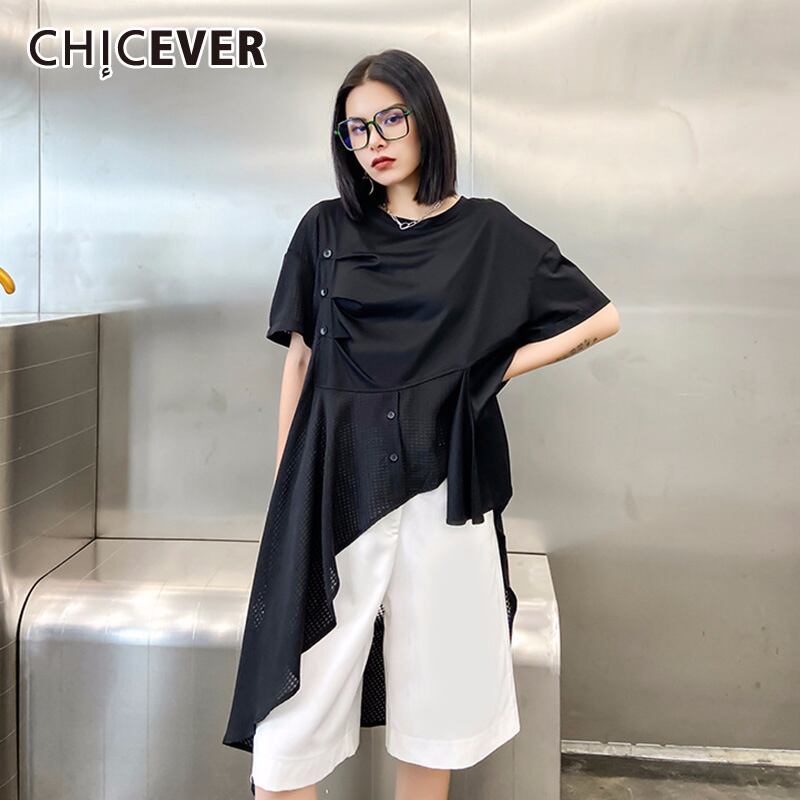 CHICEVERパッチワークレディースTシャツOネック半袖アシンメトリートップス洋服2020サマータイド ショート ハーフスリーブ 夏物 6base59513530480