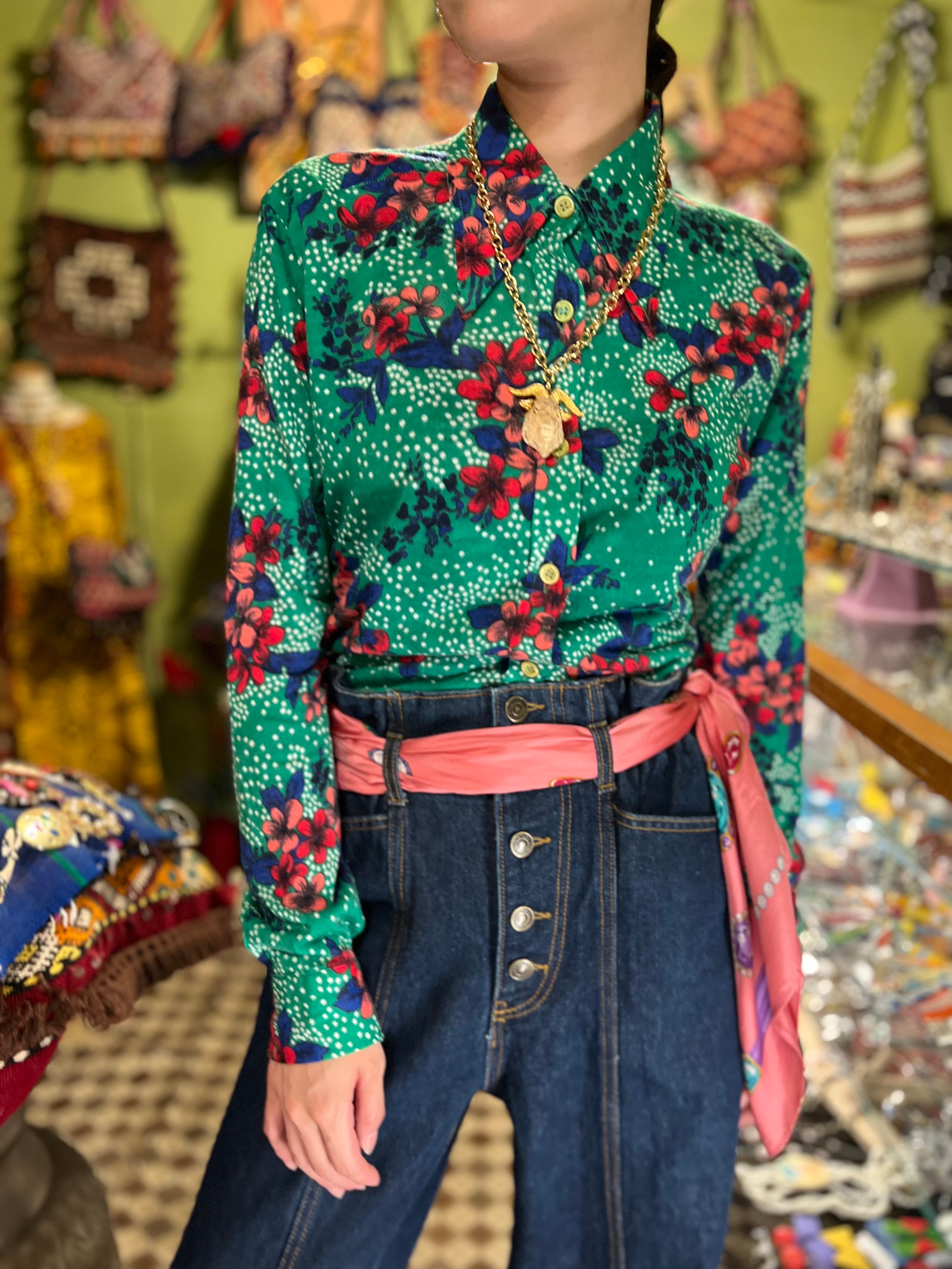 70s ITALY green × floral shirt ( ヴィンテージ イタリア グリーン 花 ...