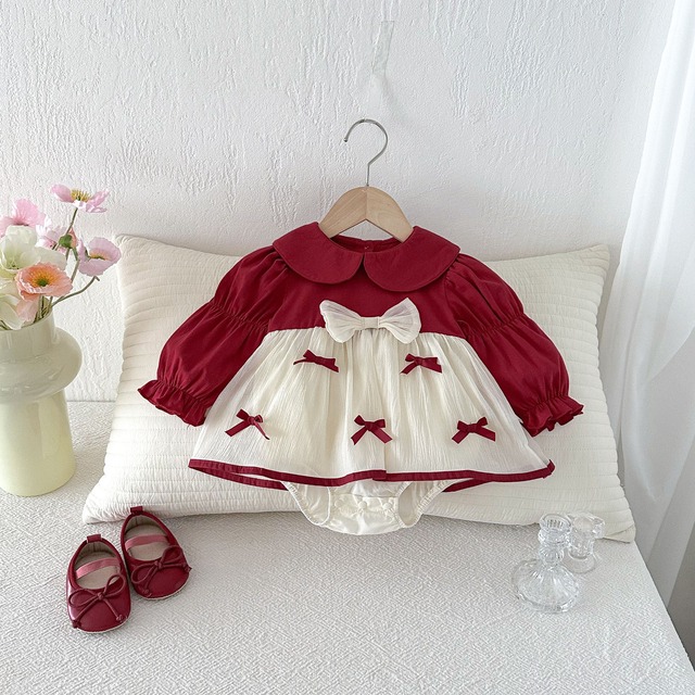 【BABY】蝶結びレッドロンパース