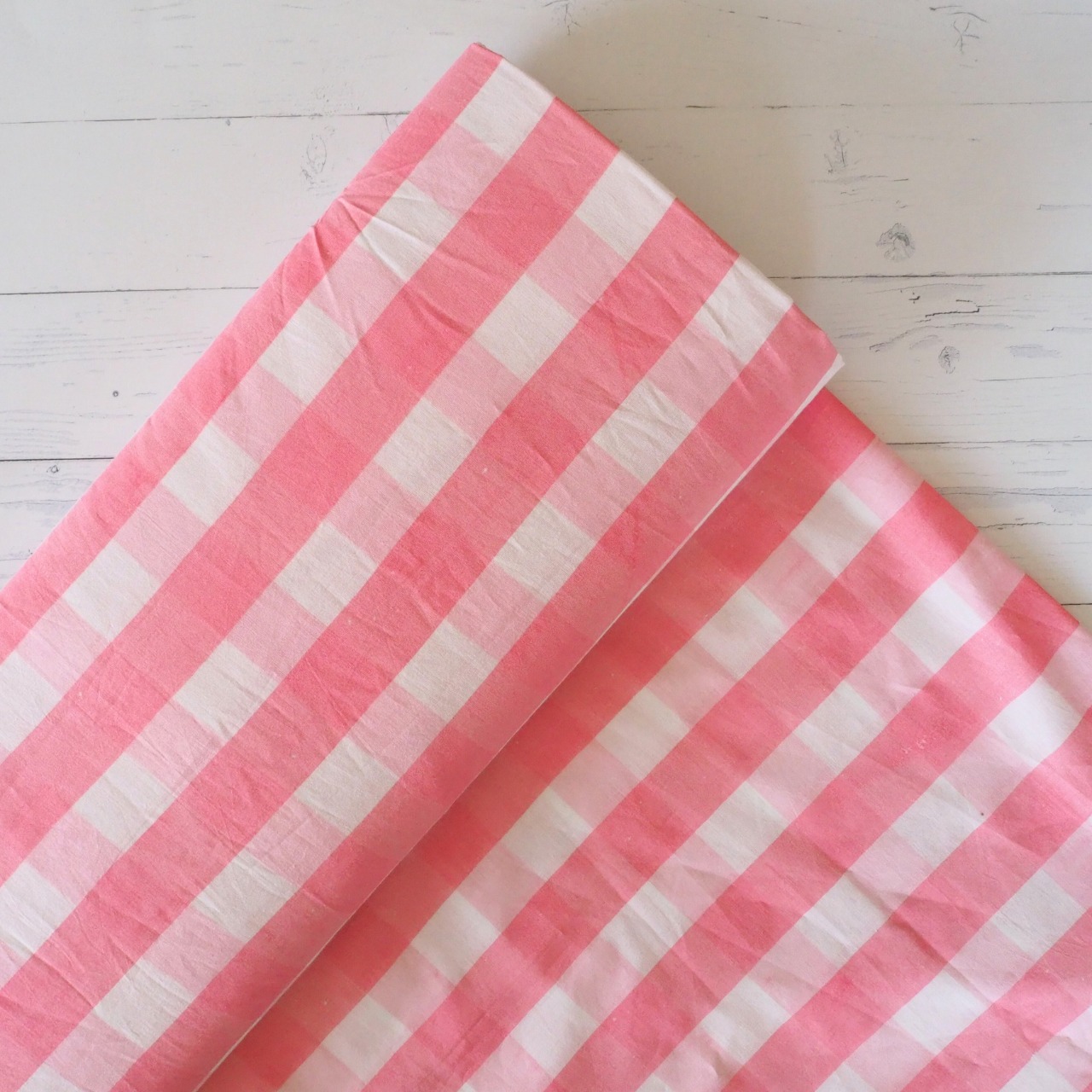ブロックプリント生地【50cm単位】インド綿  チェック柄(大) 白×ピンク #49912-PK1