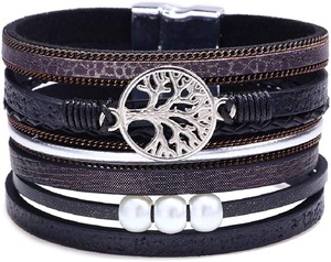 【努力特価】Rockyuブレスレット レディース ブランド レザー 革 アンティーク風 パール 真珠 生命樹腕輪 青 多重 編み込みブレスレット ファッションアクセサリー (ブラック)
