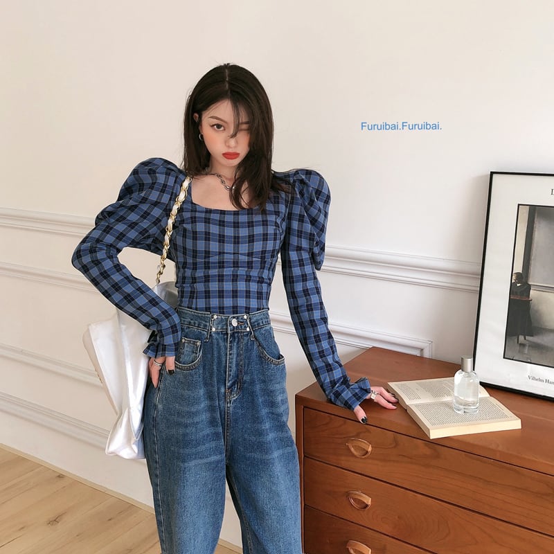 格子柄シャツ ショートスリムカラースタンダードオータムトップス ロング レトロ 秋物 スクウェア ブラックストロベリース28207598995