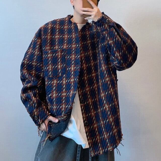 【予約販売】ジャケット アウター ネイビー 紺 チェック柄 冬 防寒 羽織 切りっぱなし ショート丈 メンズ カジュアル 男前 こなれ感 お洒落 韓国 トレンド 秋 冬 M/L/XL/2XL