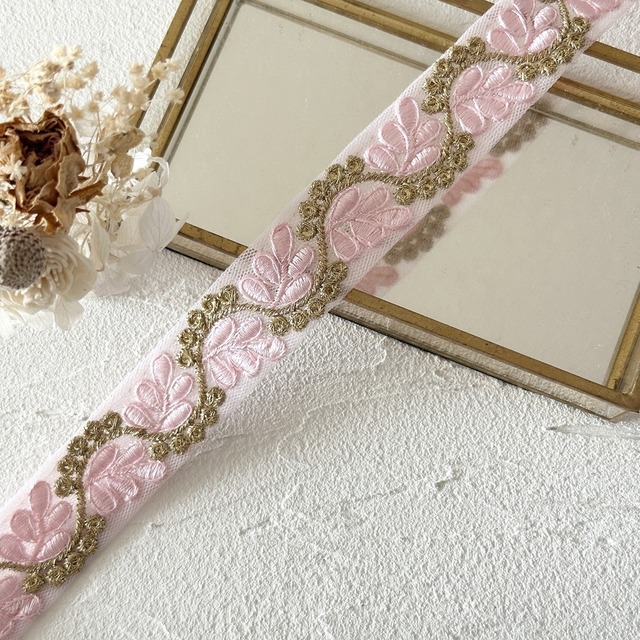 1ロール　ドリーム[ピンク]インド刺繍リボン　3354-1R