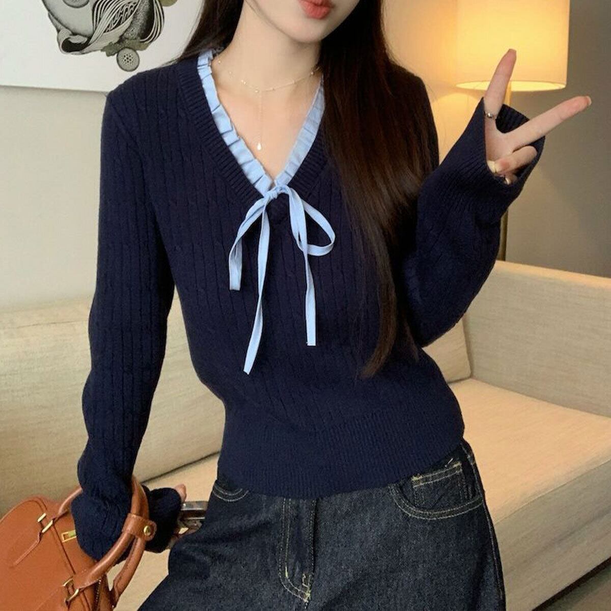 ニット 長袖 リボン フリル レディース 春秋 韓国 おしゃれ 大人 かわいい きれいめ カジュアル Vネック フェミニン ガーリー 大人可愛い 大人女子
