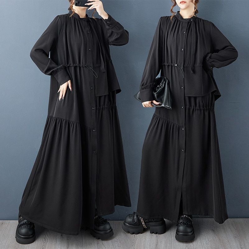 ASYMMETRIC TIERED LONG SLEEVE MAXI SHIRT DRESS M-18872