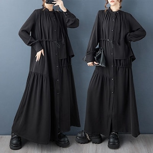 ASYMMETRIC TIERED LONG SLEEVE MAXI SHIRT DRESS M-18872