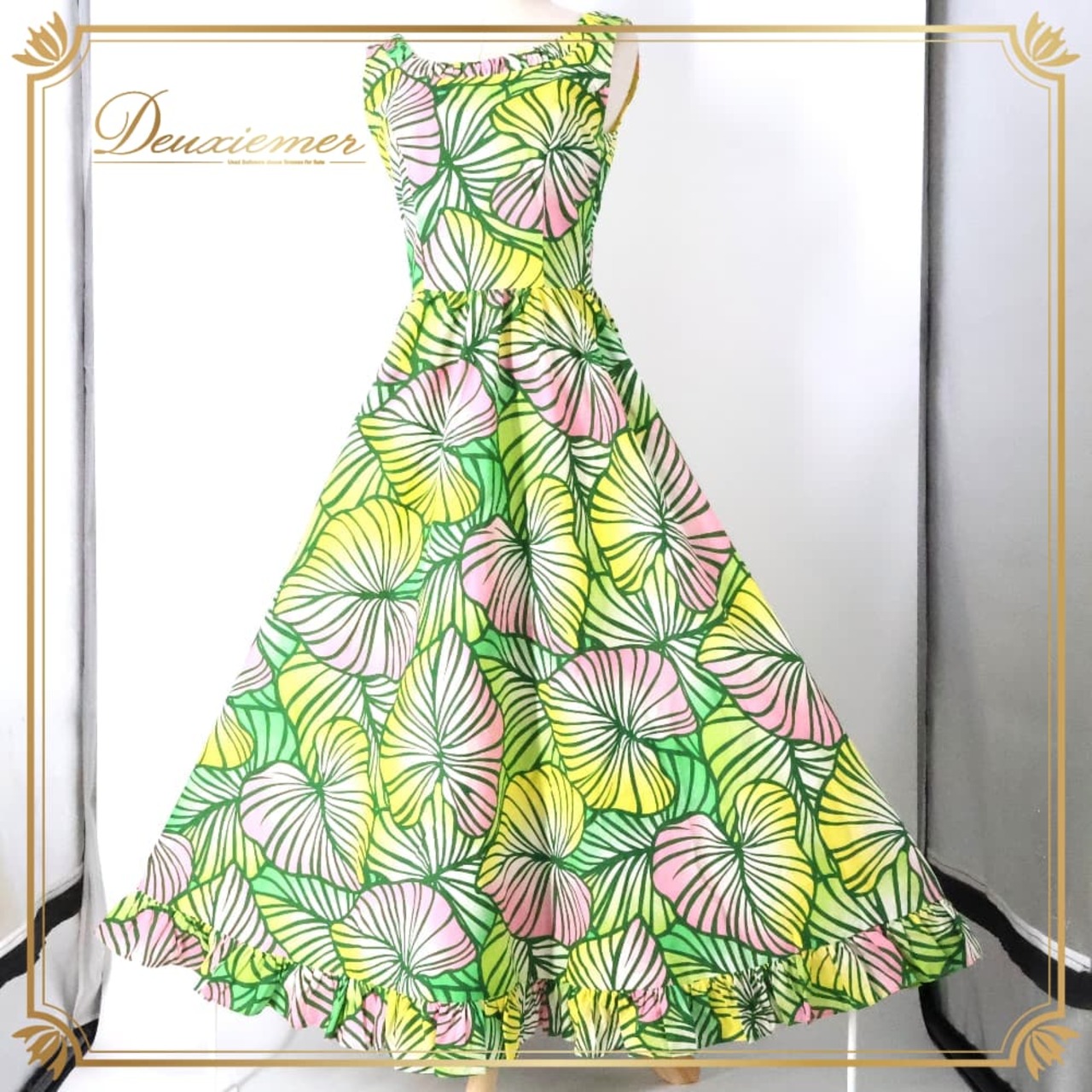 フラダンス 衣装 CC Fashions CCファッション ワンピース ドレス グリーン系 ハワイ製 ノースリーブ グラデーション フリル かわいい 華やか 鮮やか 明るい 緑 黄 アロハ ハワイアンプリント フラ ダンス レッスン 練習 イエロー系 ピンク系