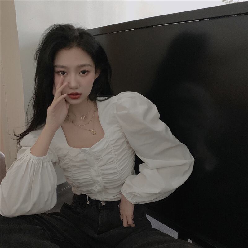 ブラウス ショートカラーホワイトシャツ スプリングトップス ロング 春物 スクウェア ブラックストロベリース70687714769