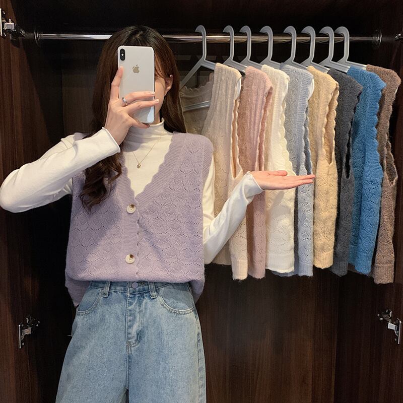 ニットレディースルーズノースリーブVネックブラウス オータム 秋物 ウィンター 冬物 試着室89203174827