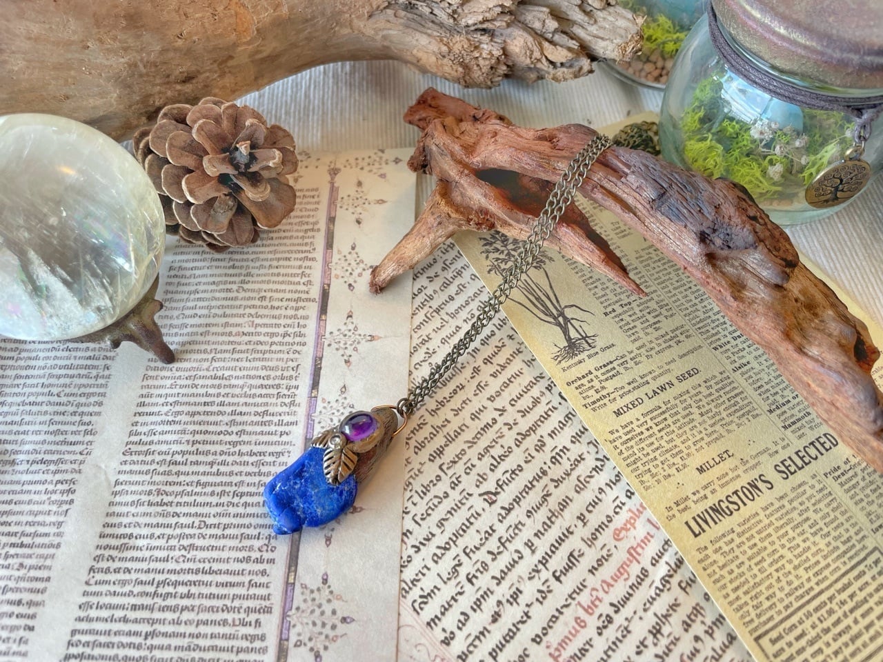 ラピスラズリxアメジスト】冒険者のお守りペンダント | 天然石ワイヤー