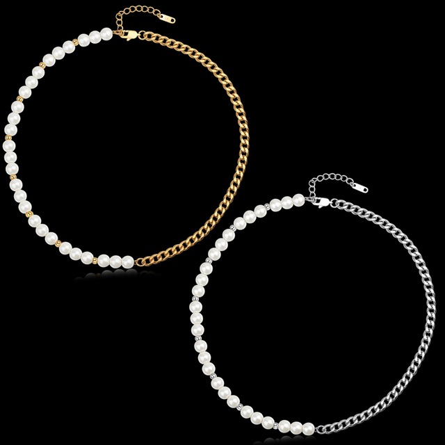 316L pearl × cuba chain necklace