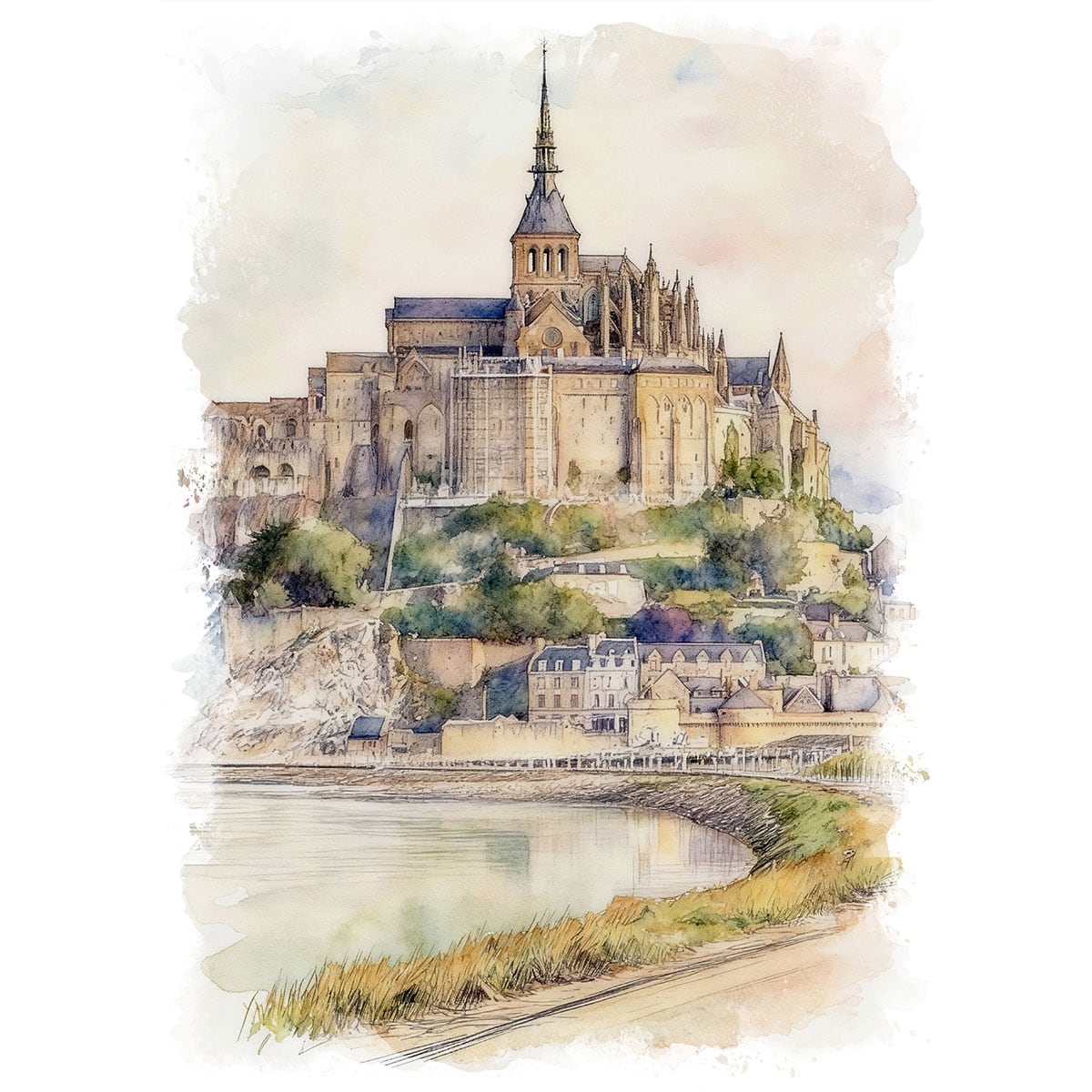 絵画 フランス 風景画(街並み) モン・サン=ミシェル インテリアアート額付き 水彩画・油絵調 WAT0468