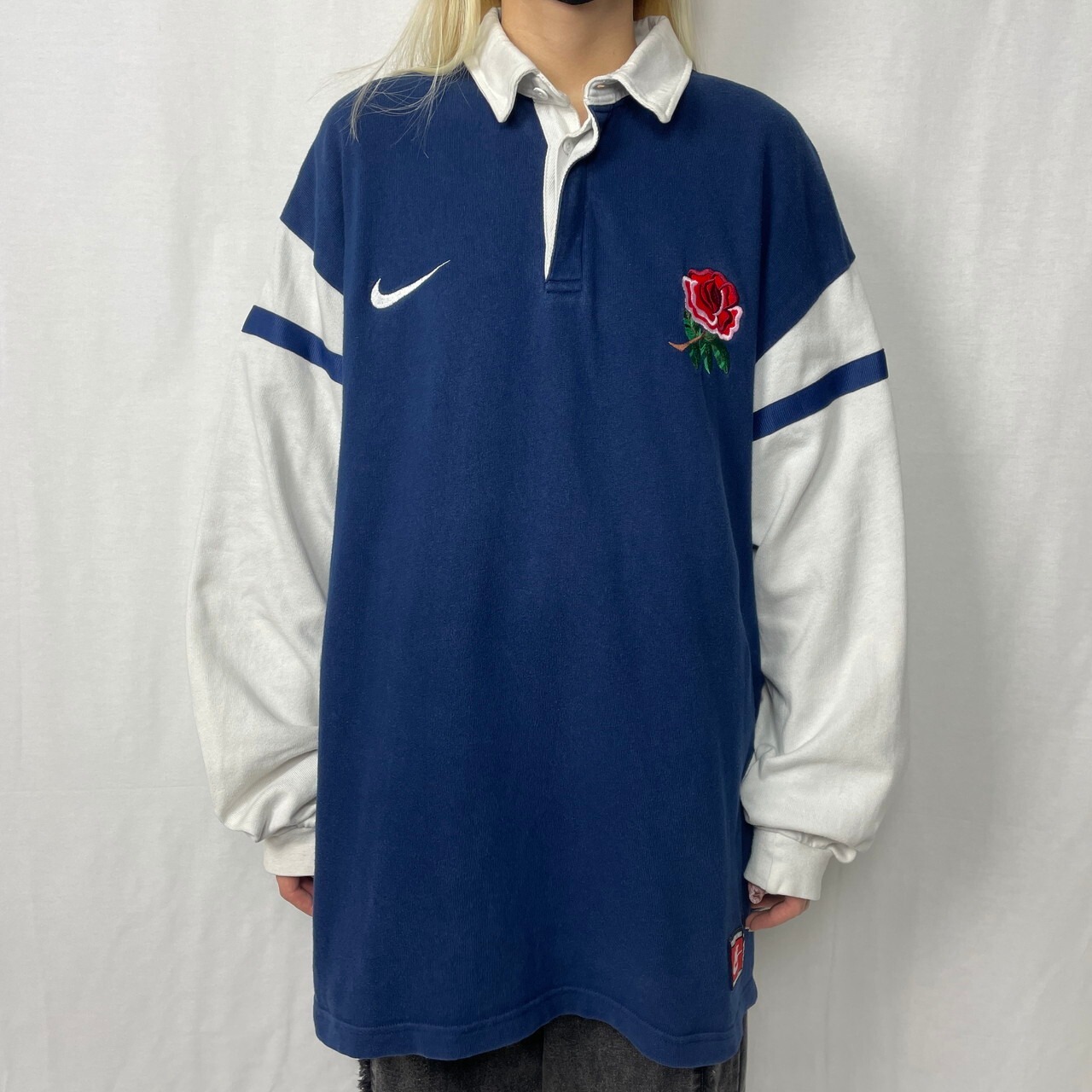NIKE ナイキ 切り替え 薔薇刺繍 長袖 ポロシャツ ラガーシャツ メンズ 